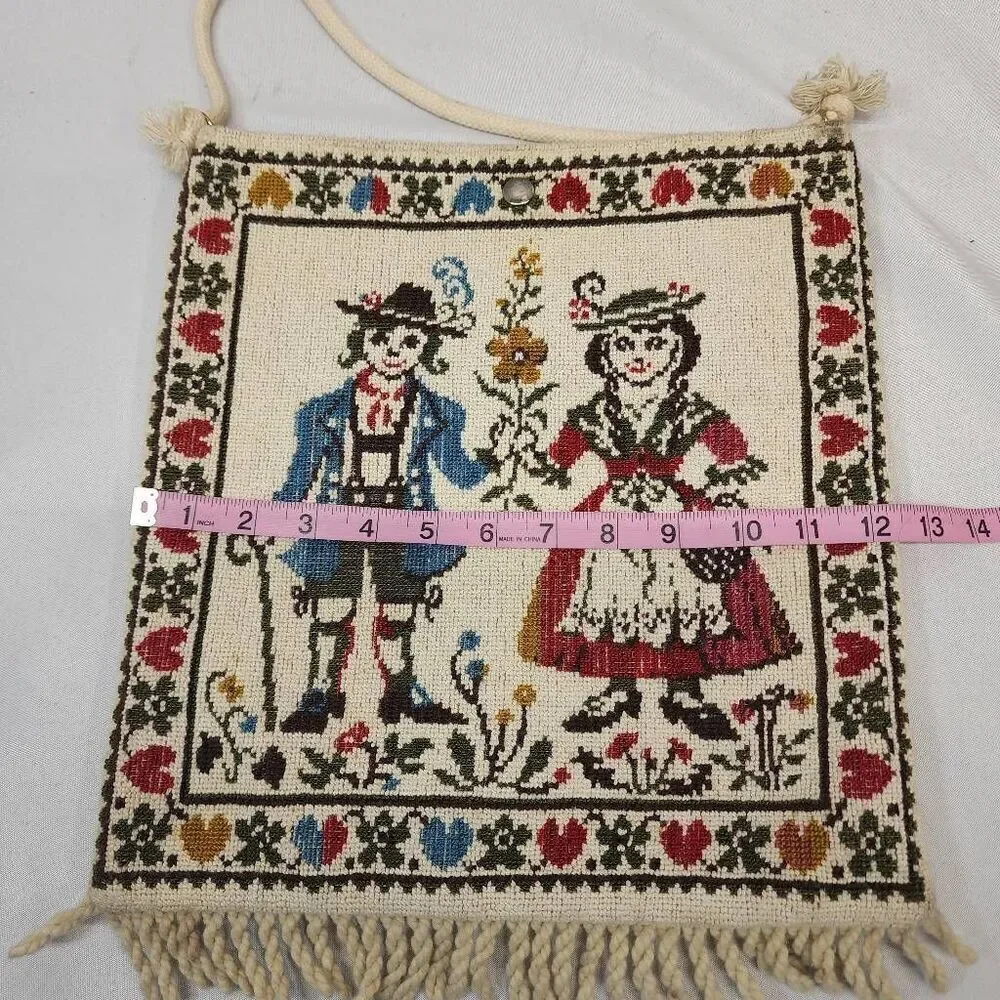 Vintage Tapestry Shoulder Bag – Folk Art Embroidered Purse with Fringe & Rope St